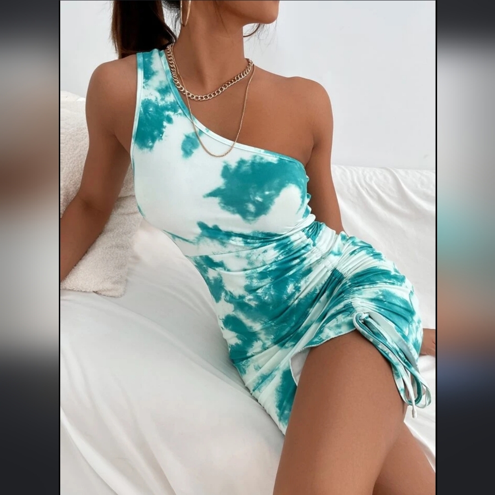 Tie Dye One Shoulder Drawstring Hem Dress
